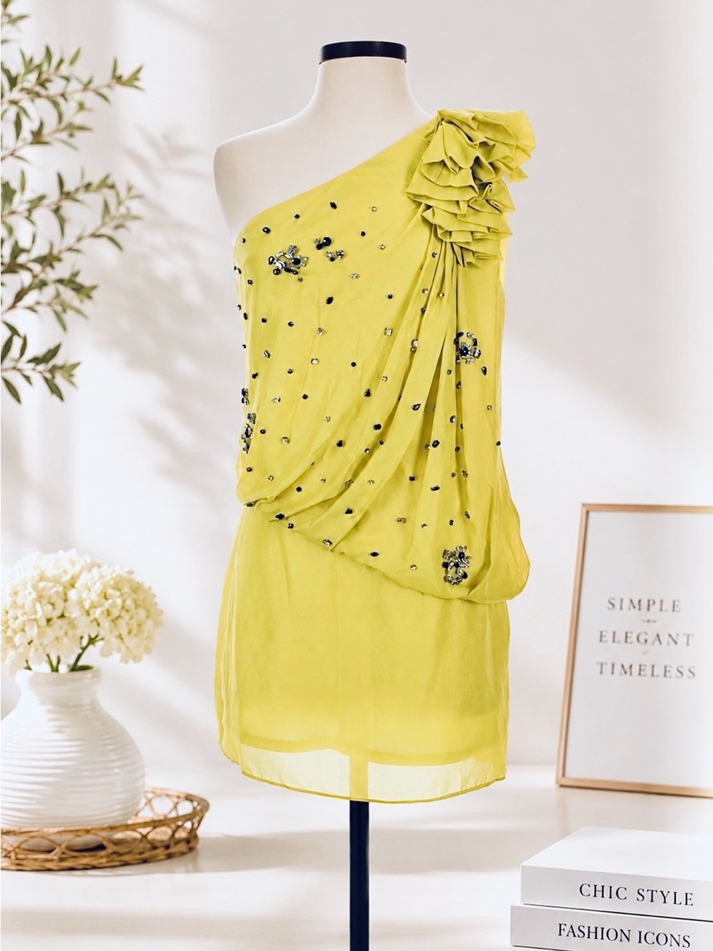 Ark & Co Chartreuse One Shoulder Rhinestone Ruffle Cocktail Mini Dress